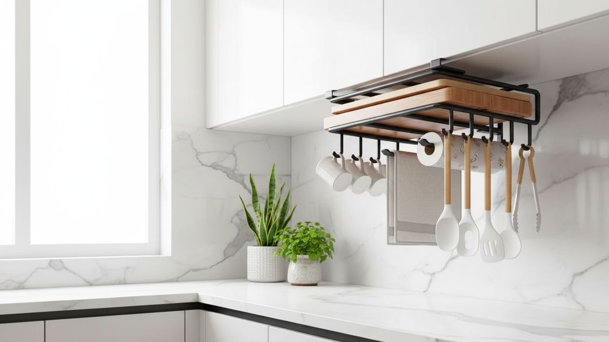 Organisateur sous armoire dans une cuisine moderne avec comptoirs en marbre