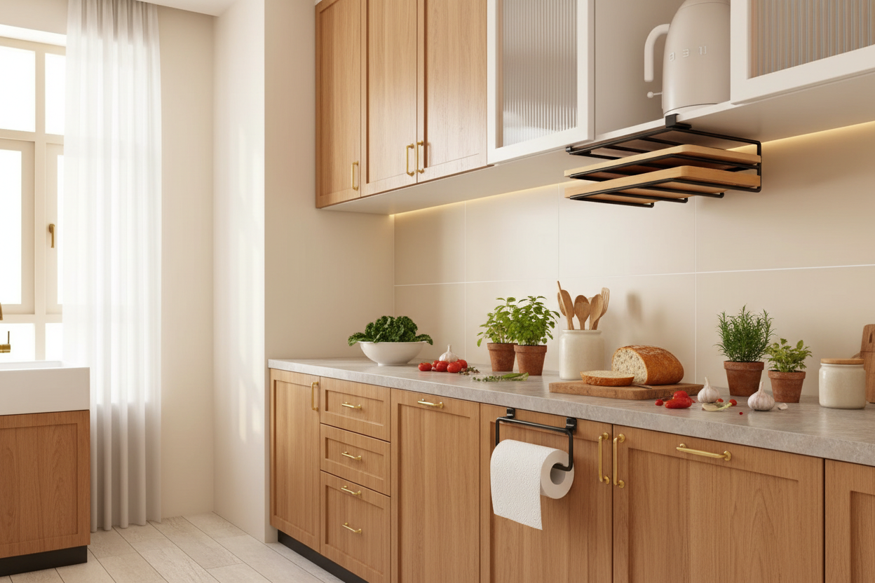 Organisateur sous armoire dans une cuisine chaleureuse en bois