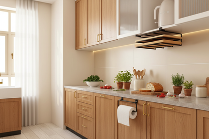 Organisateur sous armoire dans une cuisine chaleureuse en bois